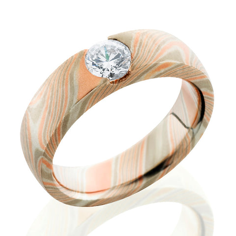 Style 103845: Mokume 5mm Domed with 14KR, 14KW, PD, SS and Center Stone
