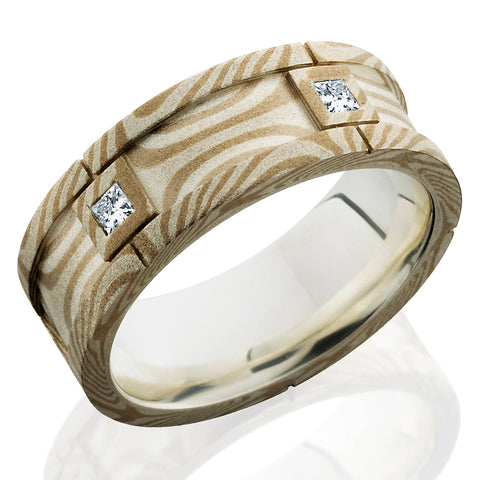 Style 103849: Mokume 7.5mm Flat Segment with PD, SS and Flush Set White Princess Cut Diamonds