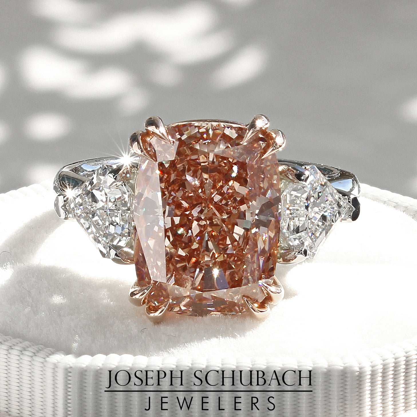 Style 104641: Three Stone Peachy Pink and Kite Diamond Ring