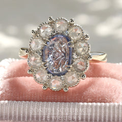 104616: Rose Cut Sapphire and Diamond Halo Engagement Ring