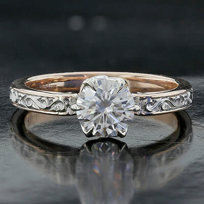 Engraved Engagement Ring with Diamond Accents and Surprise Rose Cut Diamond - Setting