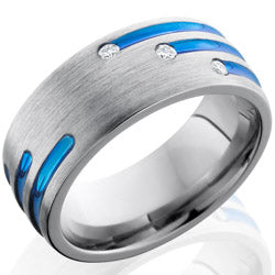 Style 103557: Titanium 8mm Domed Band with Blue Anodized Stripes and Flush Set White Round Diamonds