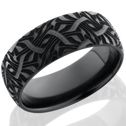 Style 103892: Zirconium 8mm domed band with a laser carved Escher 2 design
