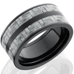 Style 103942: Zirconium 10mm Flat Band with 2 stripes of 3mm Silver Carbon Fiber