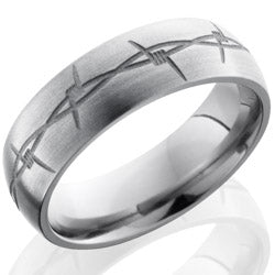 Style 103524: Titanium 7mm Domed Band with Barbed Wire Pattern