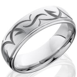 Style 103678: Cobalt Chrome 7mm Domed Band with Grooved Edge and Tribal Pattern