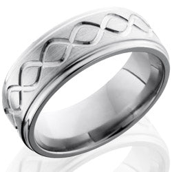 Style 103573: Titanium 8mm Flat Band with Grooved Edges and Infinity Pattern