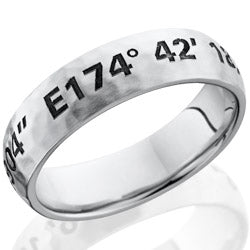 Style 103645: Cobalt Chrome 6mm domed band with customized laser carved coordinates