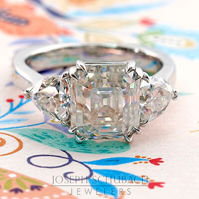 Casablanca Custom Made Three Stone Ring with Trillion Side Stones and Filigree Gallery (Style 103397)