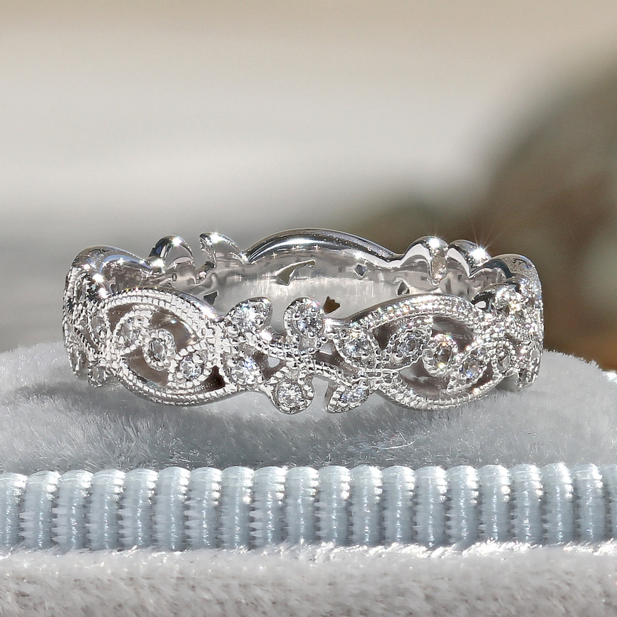 Style 103363: Wide Antique Style Floral Band with Pavé Lab Diamonds and Milgrain
