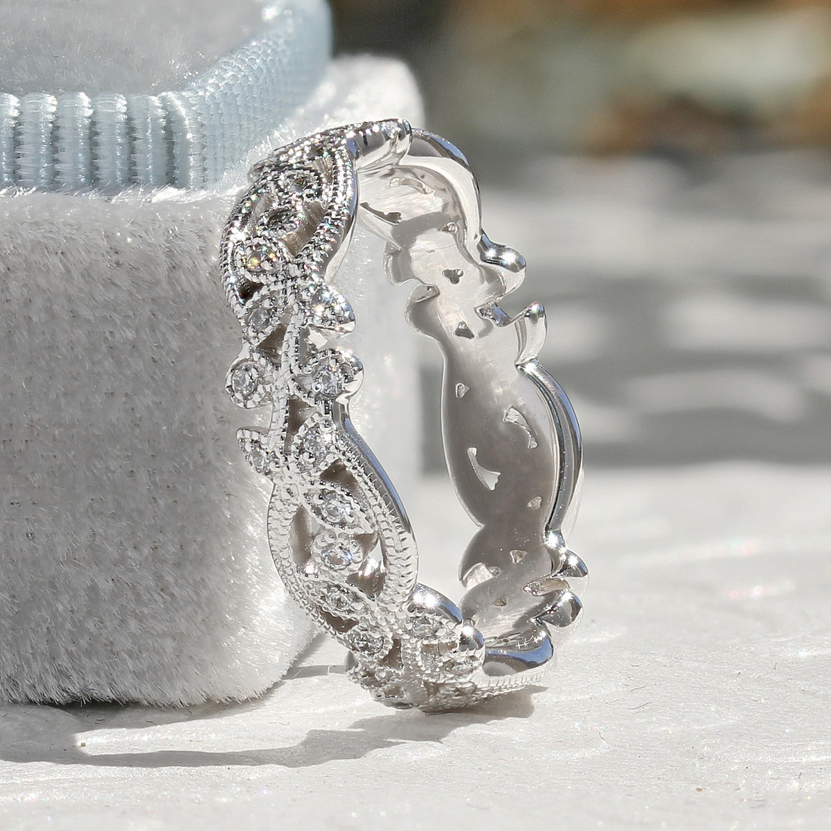 Style 103363: Wide Antique Style Floral Band with Pavé Lab Diamonds and Milgrain