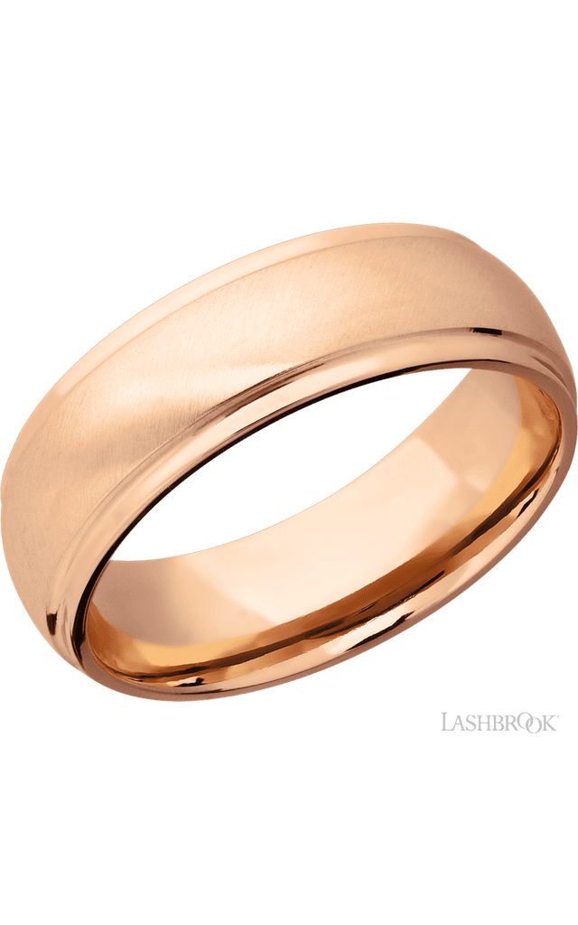 7 mm wide Domed Stepped Down Edges 14K Rose Gold band.