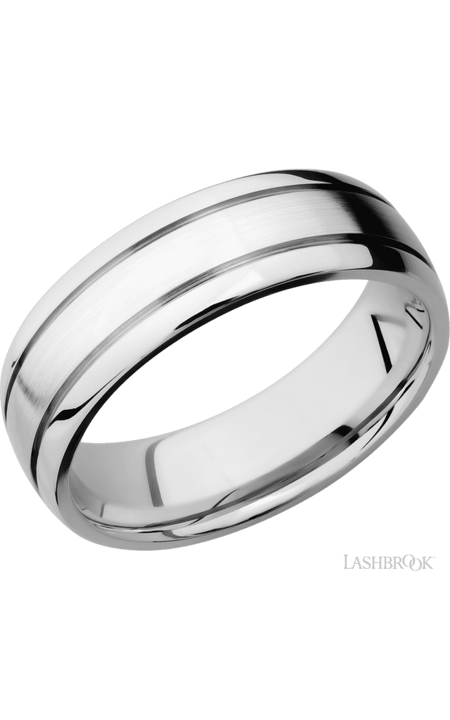 7 mm wide Domed with two accent grooves 14K White Gold band.