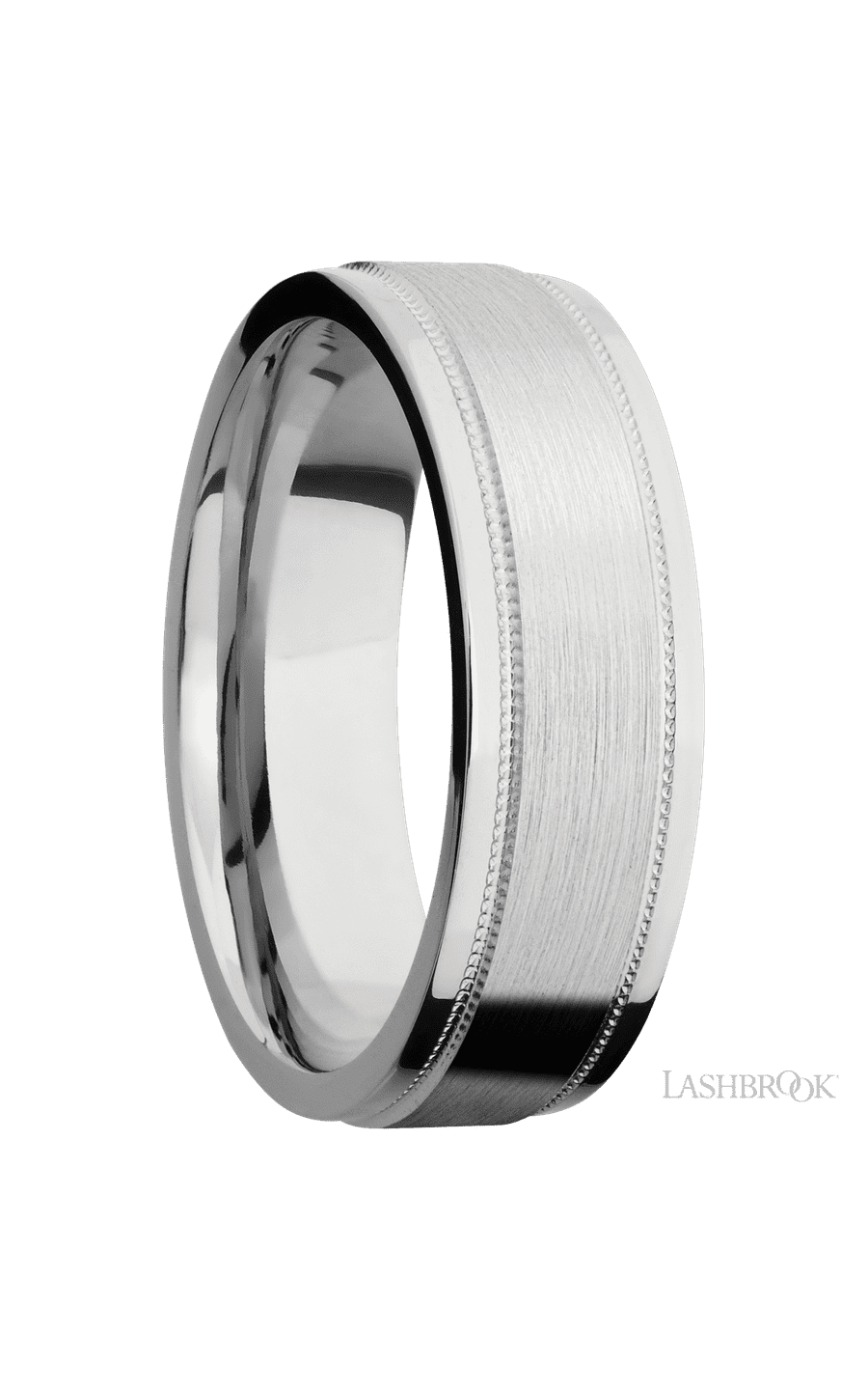 7 mm wide Flat Stepped Edges Milgrain 14K White Gold band.
