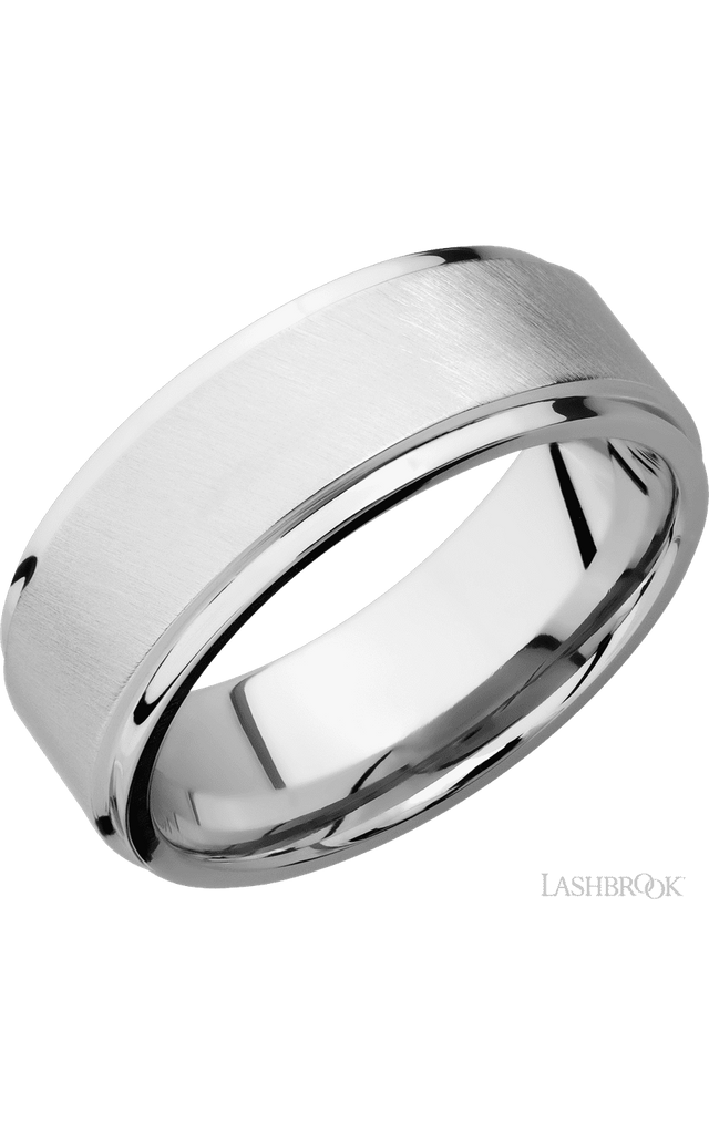 8 mm wide Flat Grooved Edges 14K White Gold band.
