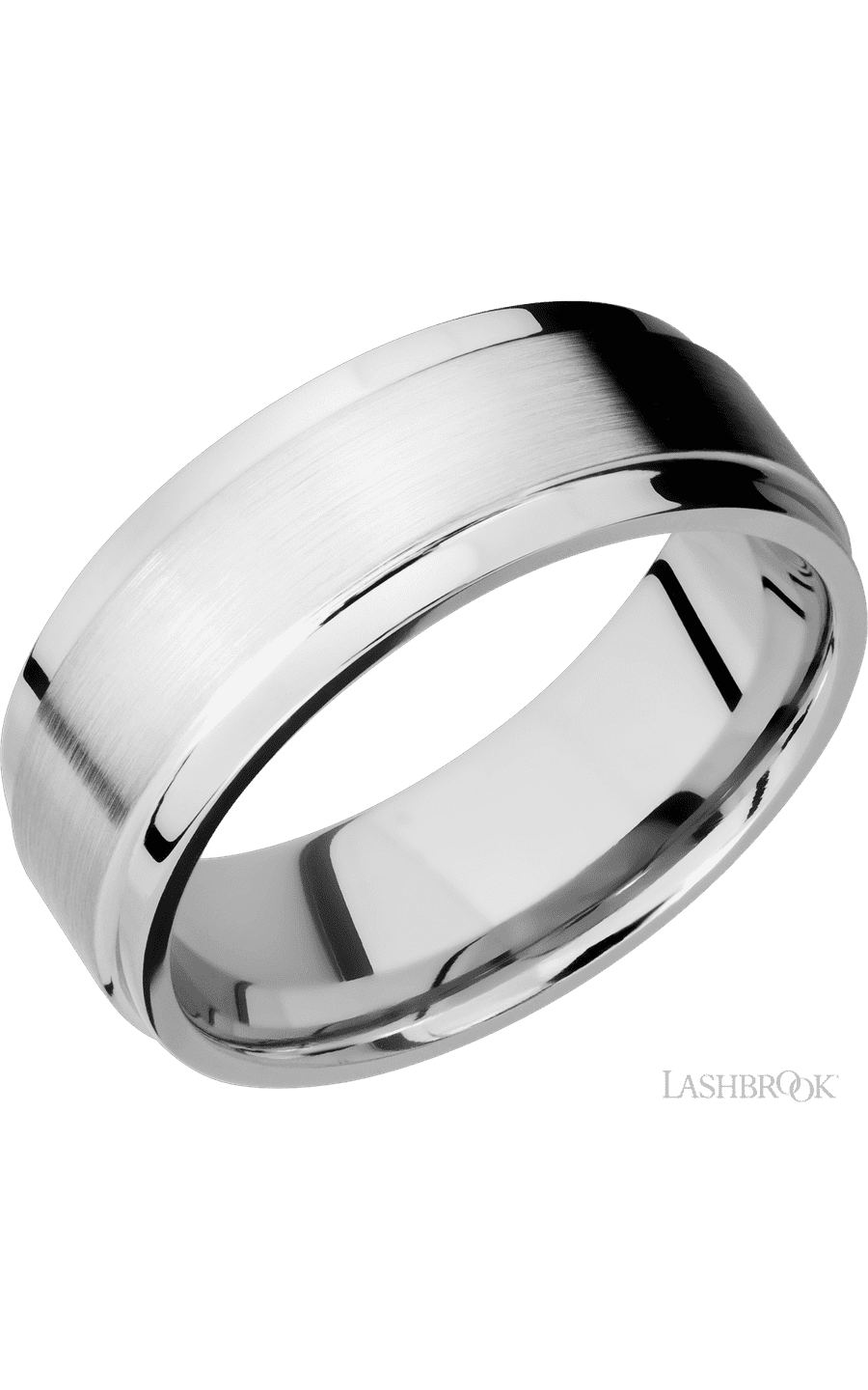 8 mm wide Flat Wide Grooved Edges 14K White Gold band.