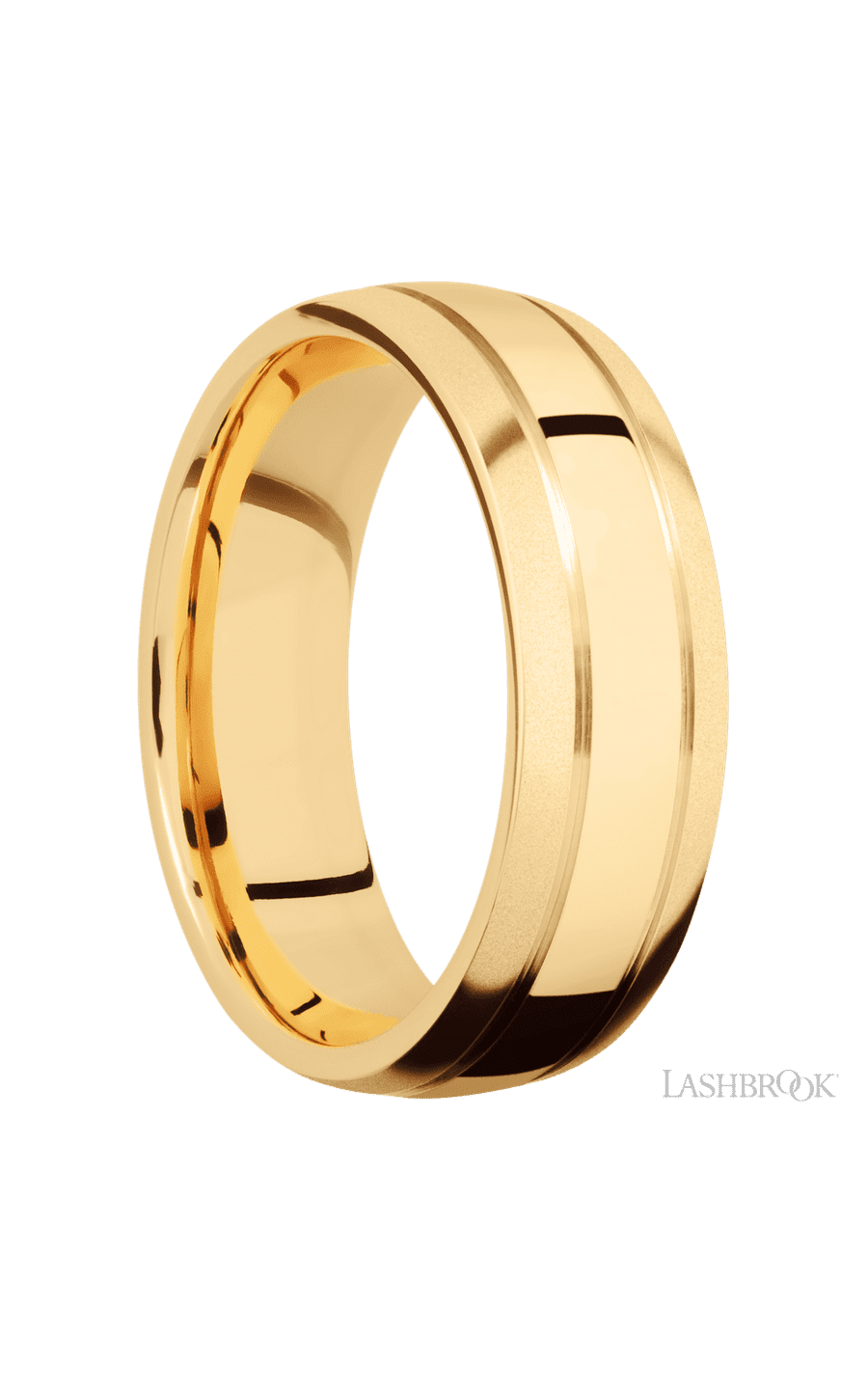 7 mm wide Domed with two accent grooves 14K Yellow Gold band.