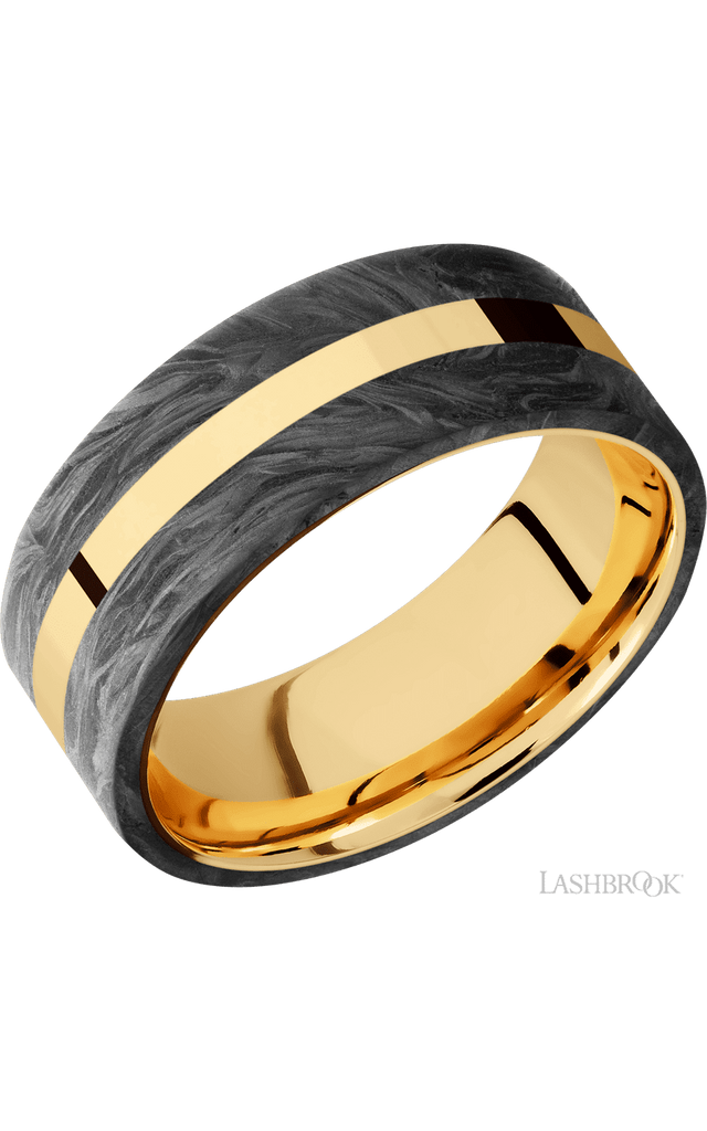 8 mm wide/Flat/14K Yellow Gold band with two 3 mm Double Off Center Edge inlays of Forged Carbon Fiber.