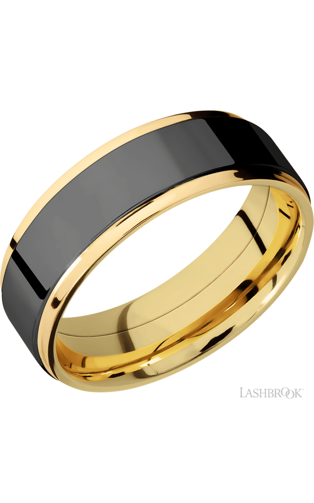 7 mm wide/Flat Grooved Edges/14K Yellow Gold band with one 5 mm Raised Centered inlay of Zirconium.