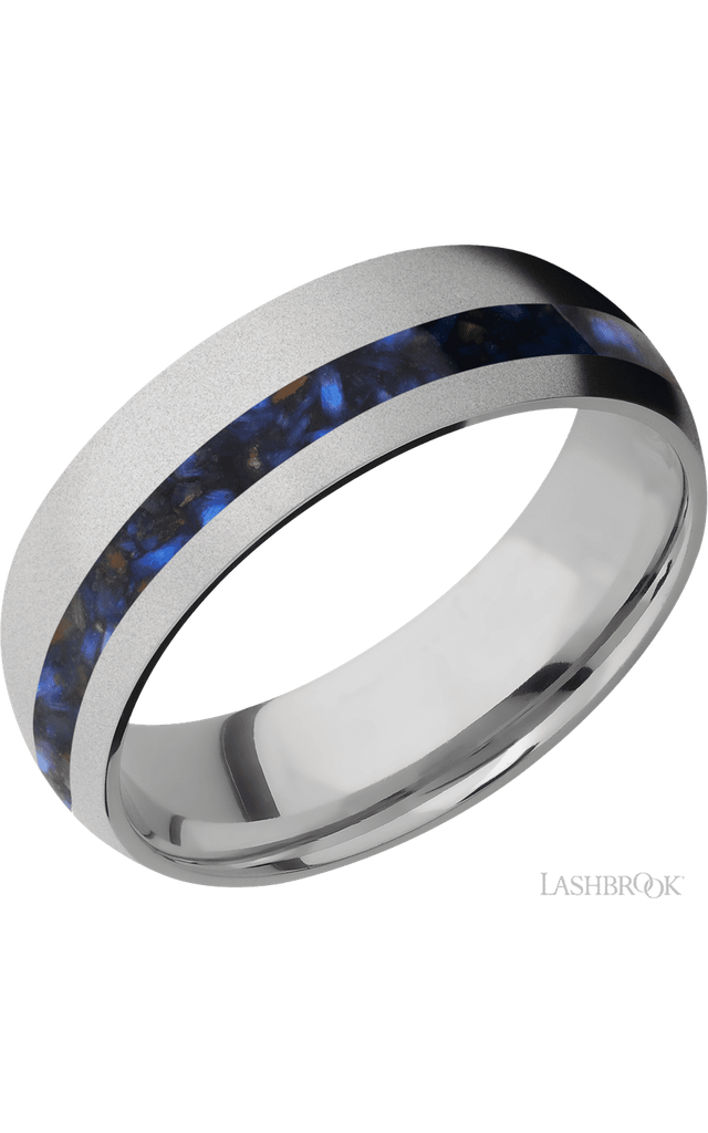 7 mm wide/Domed/Titanium band with one 2 mm Off Center inlay of Blue Tiger Eye.