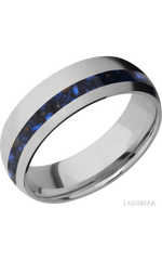 7 mm wide/Domed/Titanium band with one 2 mm Off Center inlay of Blue Tiger Eye.