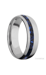 7 mm wide/Domed/Titanium band with one 2 mm Off Center inlay of Blue Tiger Eye.