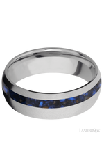 7 mm wide/Domed/Titanium band with one 2 mm Off Center inlay of Blue Tiger Eye.