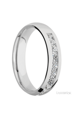 5 mm wide/Domed/Cobalt Chrome band with a Half Eternity arrangement of .07 carat Round Diamond stones in a Channel setting.