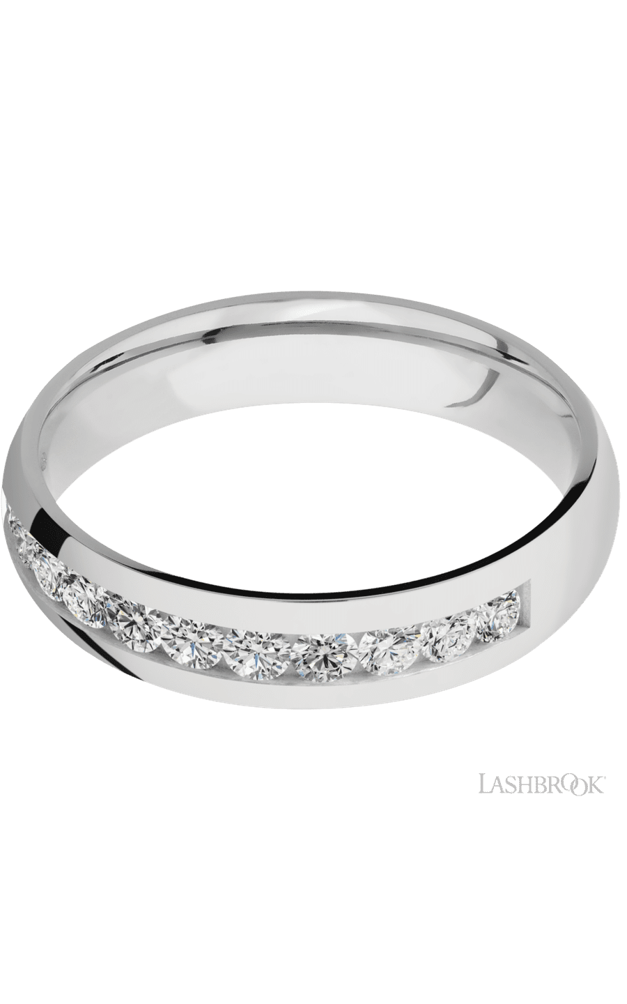 5 mm wide/Domed/Cobalt Chrome band with a Half Eternity arrangement of .07 carat Round Diamond stones in a Channel setting.