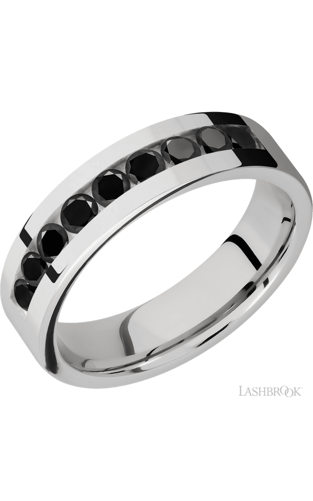 6 mm wide/Flat/Cobalt Chrome band with an  arrangement of 9, .1 carat Round Black Diamond stones in a Channel setting.