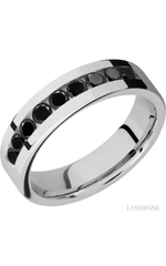 6 mm wide/Flat/Cobalt Chrome band with an  arrangement of 9, .1 carat Round Black Diamond stones in a Channel setting.