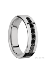 6 mm wide/Flat/Cobalt Chrome band with an  arrangement of 9, .1 carat Round Black Diamond stones in a Channel setting.