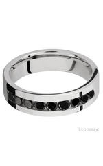 6 mm wide/Flat/Cobalt Chrome band with an  arrangement of 9, .1 carat Round Black Diamond stones in a Channel setting.