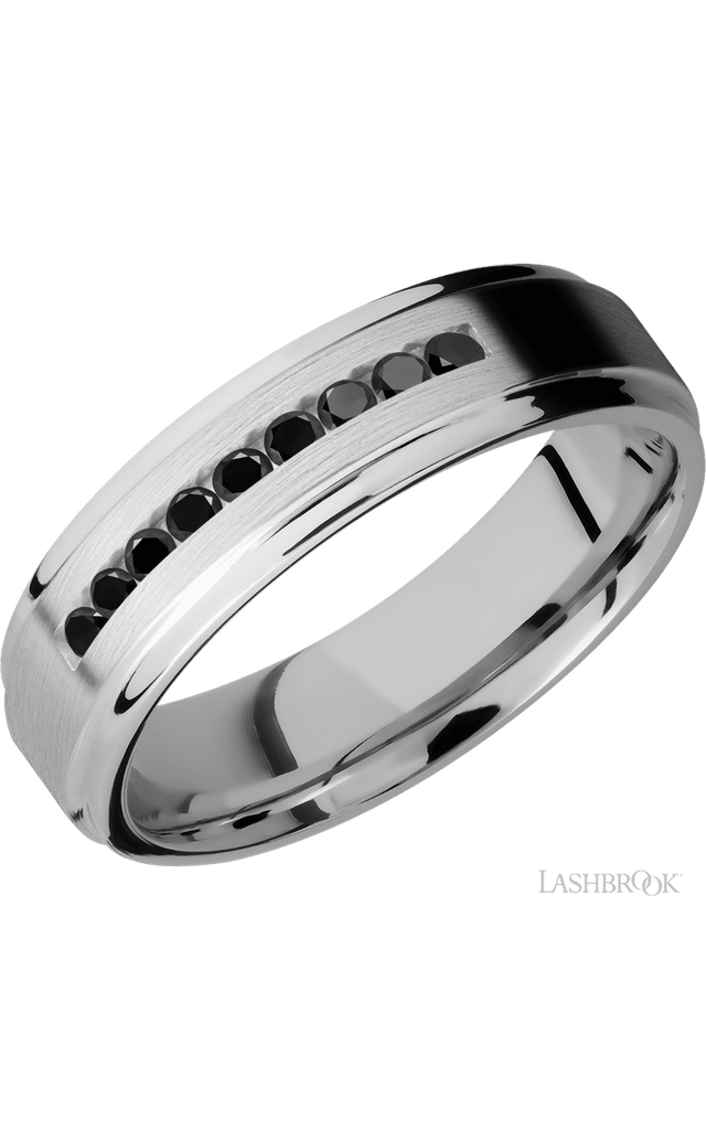 6 mm wide/Flat Grooved Edges/Cobalt Chrome band with an  arrangement of 9, .03 carat Round Black Diamond stones in a Channel setting.