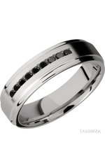 6 mm wide/Flat Grooved Edges/Cobalt Chrome band with an  arrangement of 9, .03 carat Round Black Diamond stones in a Channel setting.