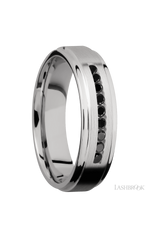 6 mm wide/Flat Grooved Edges/Cobalt Chrome band with an  arrangement of 9, .03 carat Round Black Diamond stones in a Channel setting.
