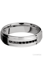 6 mm wide/Flat Grooved Edges/Cobalt Chrome band with an  arrangement of 9, .03 carat Round Black Diamond stones in a Channel setting.
