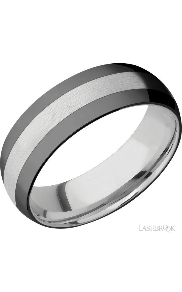 7 mm wide/Domed/Cobalt Chrome band with two 2 mm Double Off Center Edge inlays of Zirconium.