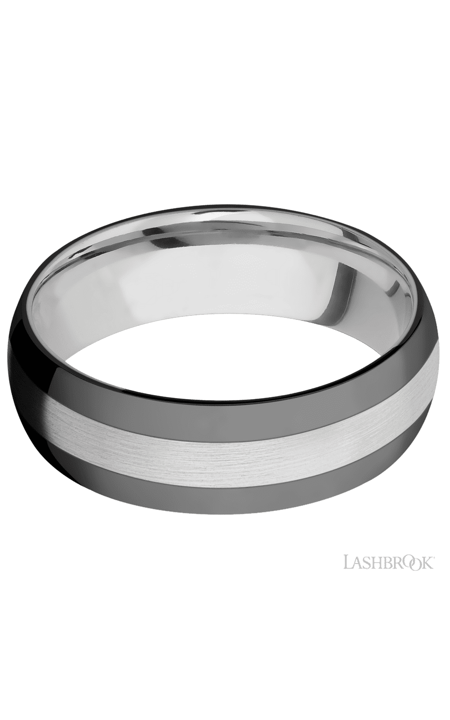 7 mm wide/Domed/Cobalt Chrome band with two 2 mm Double Off Center Edge inlays of Zirconium.