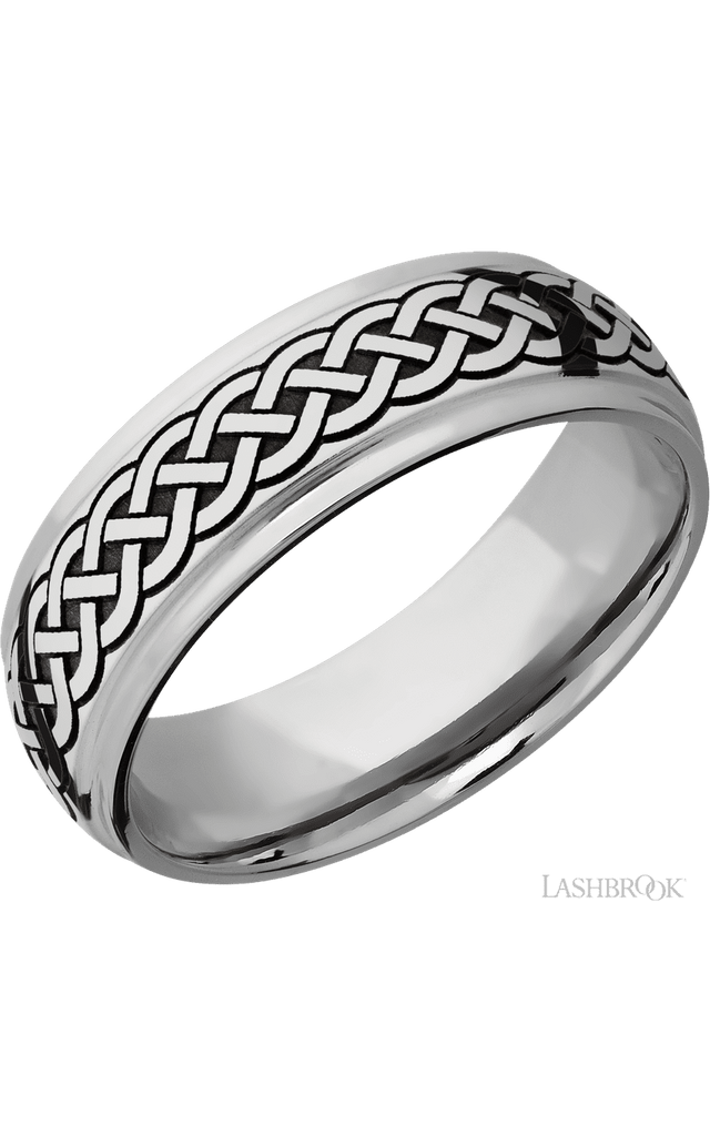 7 mm wide/Domed Stepped Down Edges/Cobalt Chrome band with a laser carved Celtic 9 pattern.