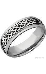 7 mm wide/Domed Stepped Down Edges/Cobalt Chrome band with a laser carved Celtic 9 pattern.