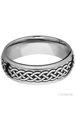7 mm wide/Domed Stepped Down Edges/Cobalt Chrome band with a laser carved Celtic 9 pattern.