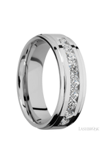 7 mm wide/Flat Grooved Edges/Cobalt Chrome band with an  arrangement of 9, .1 carat Round Diamond stones in a Channel setting.