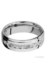 7 mm wide/Flat Grooved Edges/Cobalt Chrome band with an  arrangement of 9, .1 carat Round Diamond stones in a Channel setting.