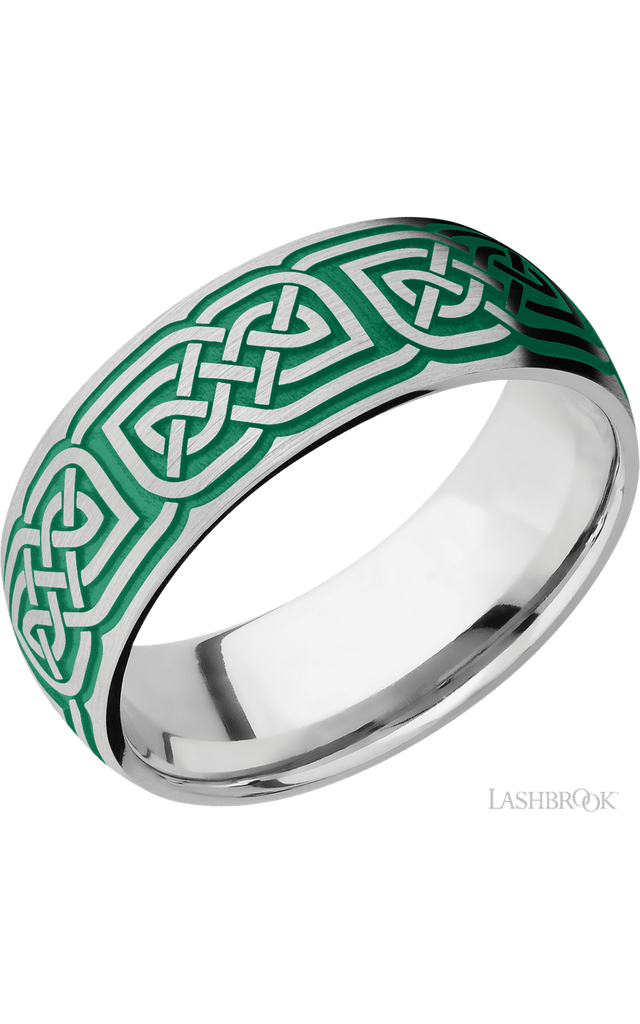 8 mm wide/Domed/Cobalt Chrome band with a laser carved Celtic 17 pattern.