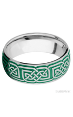 8 mm wide/Domed/Cobalt Chrome band with a laser carved Celtic 17 pattern.