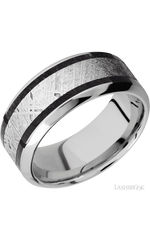 9 mm wide/High Bevel/Cobalt Chrome band featuring inlays of Dinosaur Bone Black and Meteorite.