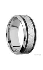 9 mm wide/High Bevel/Cobalt Chrome band featuring inlays of Dinosaur Bone Black and Meteorite.