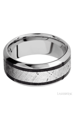 9 mm wide/High Bevel/Cobalt Chrome band featuring inlays of Dinosaur Bone Black and Meteorite.