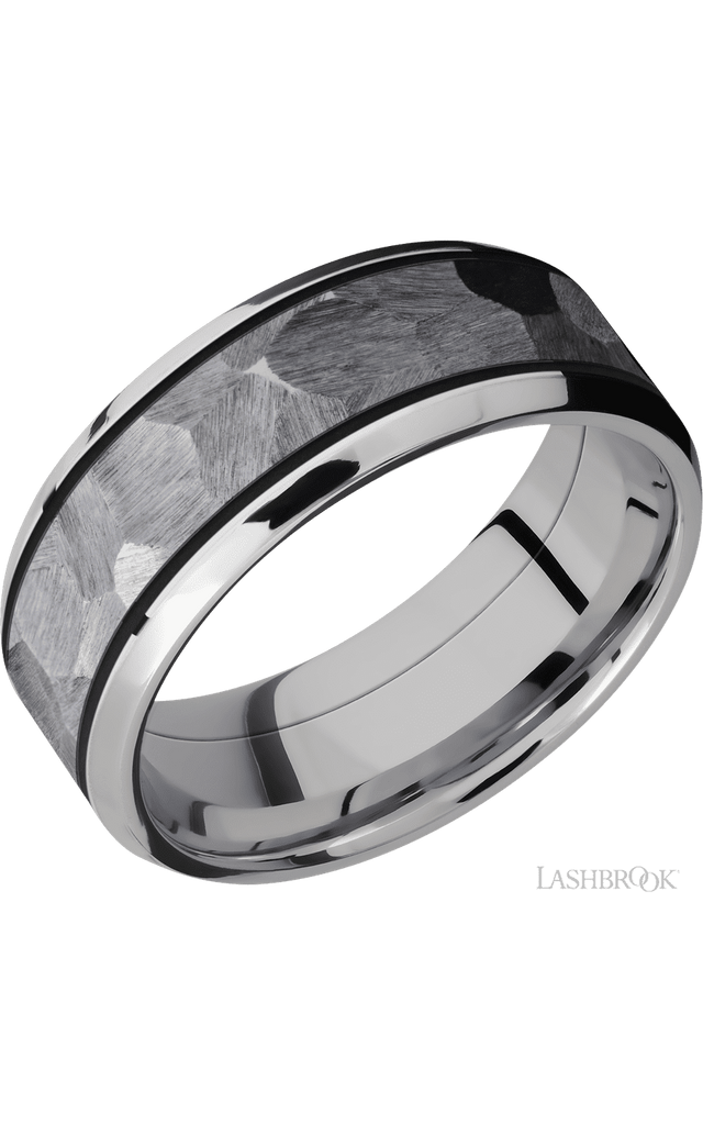 8 mm wide/Beveled/Cobalt Chrome band with one 5 mm Centered inlay of Tantalum.